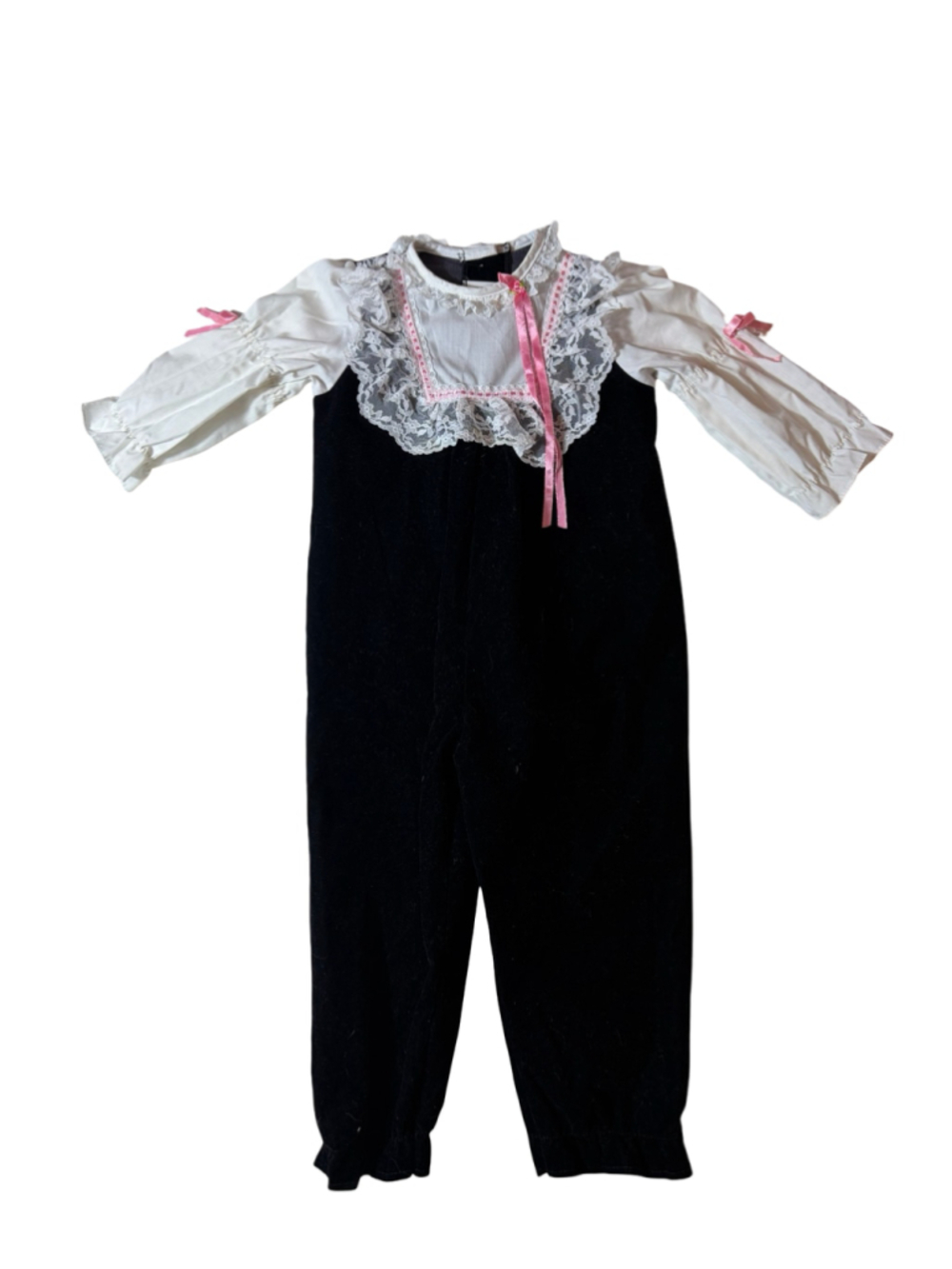 Vintage Winnie the Pooh Girls 2T Black Velvet Lace Bib Romper Pink Bows
